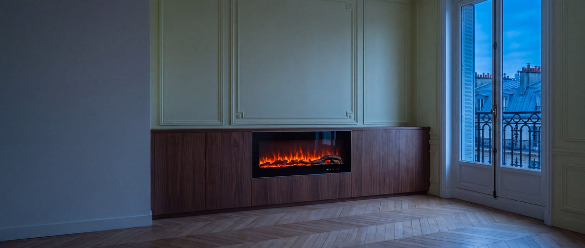 Cheminée électrique Horizon encastrée dans un meuble en noyer, salon haussmannien à l'heure bleue