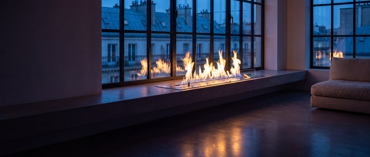 Brûleur bioéthanol automatique encastré dans une banquette en microciment, loft parisien la nuit