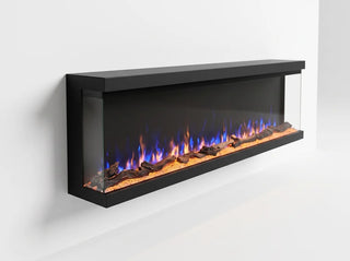 Cheminée électrique 3 faces fixée au mur, flammes bleues et orangées sur lit de cristaux