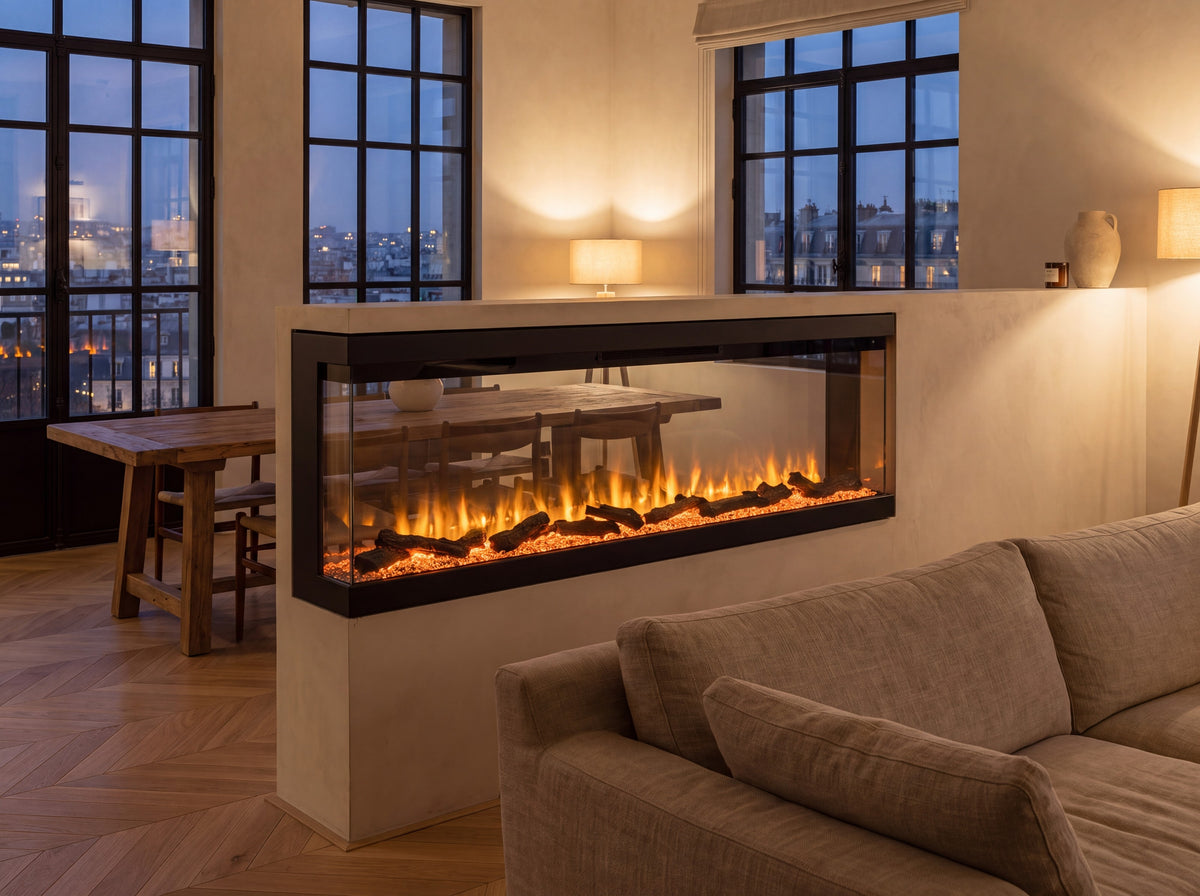 Cheminée électrique 3 faces dans un îlot entre salon et salle à manger, loft parisien le soir