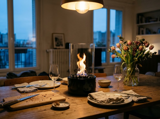 Cheminée de table cylindre de verre allumée au centre d'une table de dîner pour deux