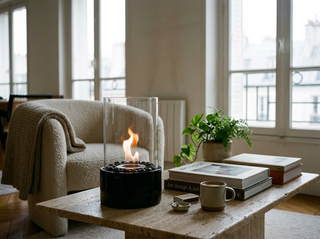 Cheminée de table bioéthanol cylindre de verre allumée sur une table basse en travertin, salon parisien en journée