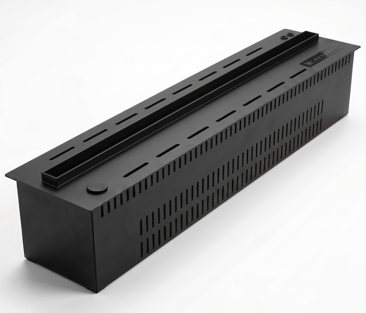 Foyer électrique à vapeur d'eau Flamvia 100 cm, caisson noir encastrable vu de trois quarts sur fond blanc