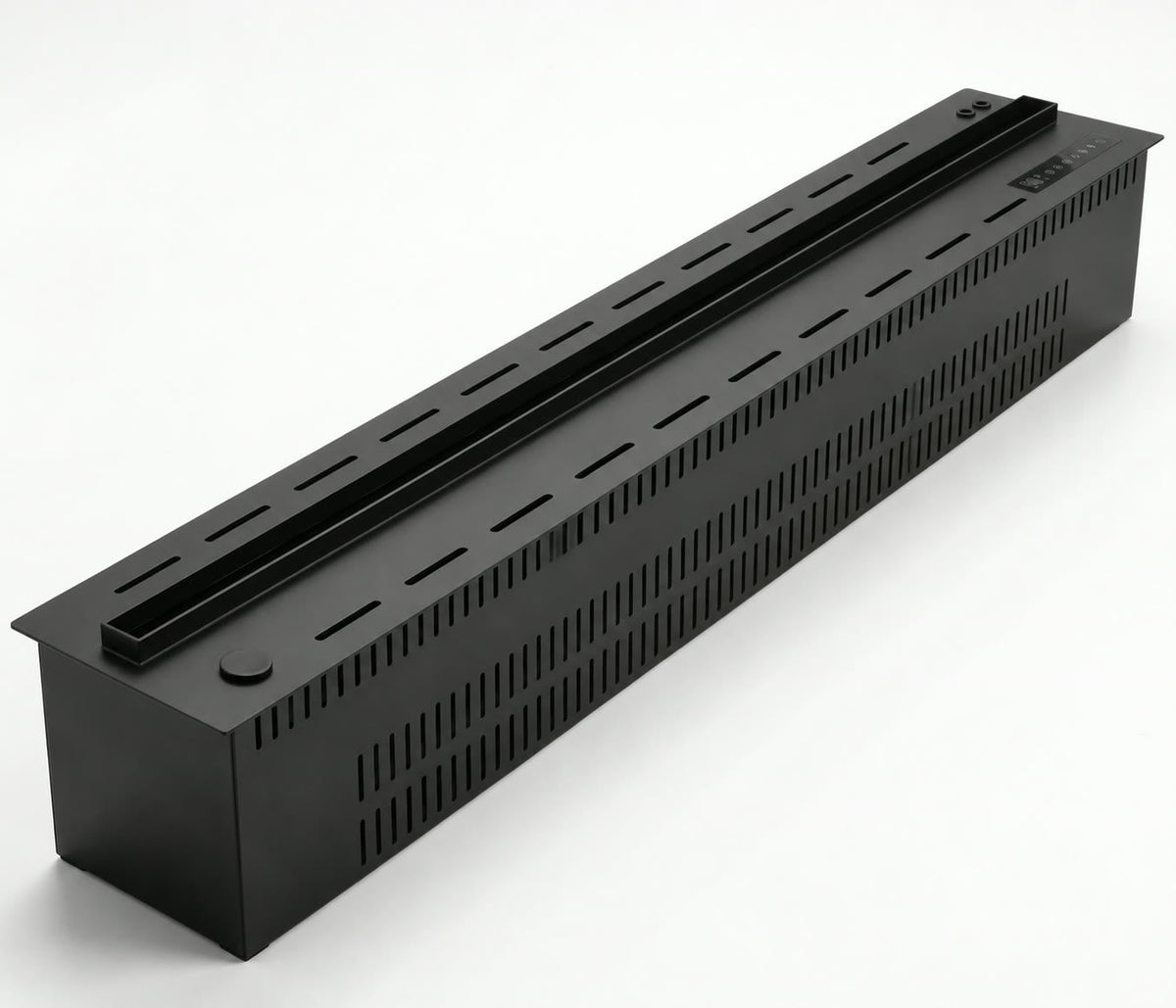 Foyer électrique à vapeur d'eau Flamvia 120 cm, caisson noir encastrable vu de trois quarts sur fond blanc
