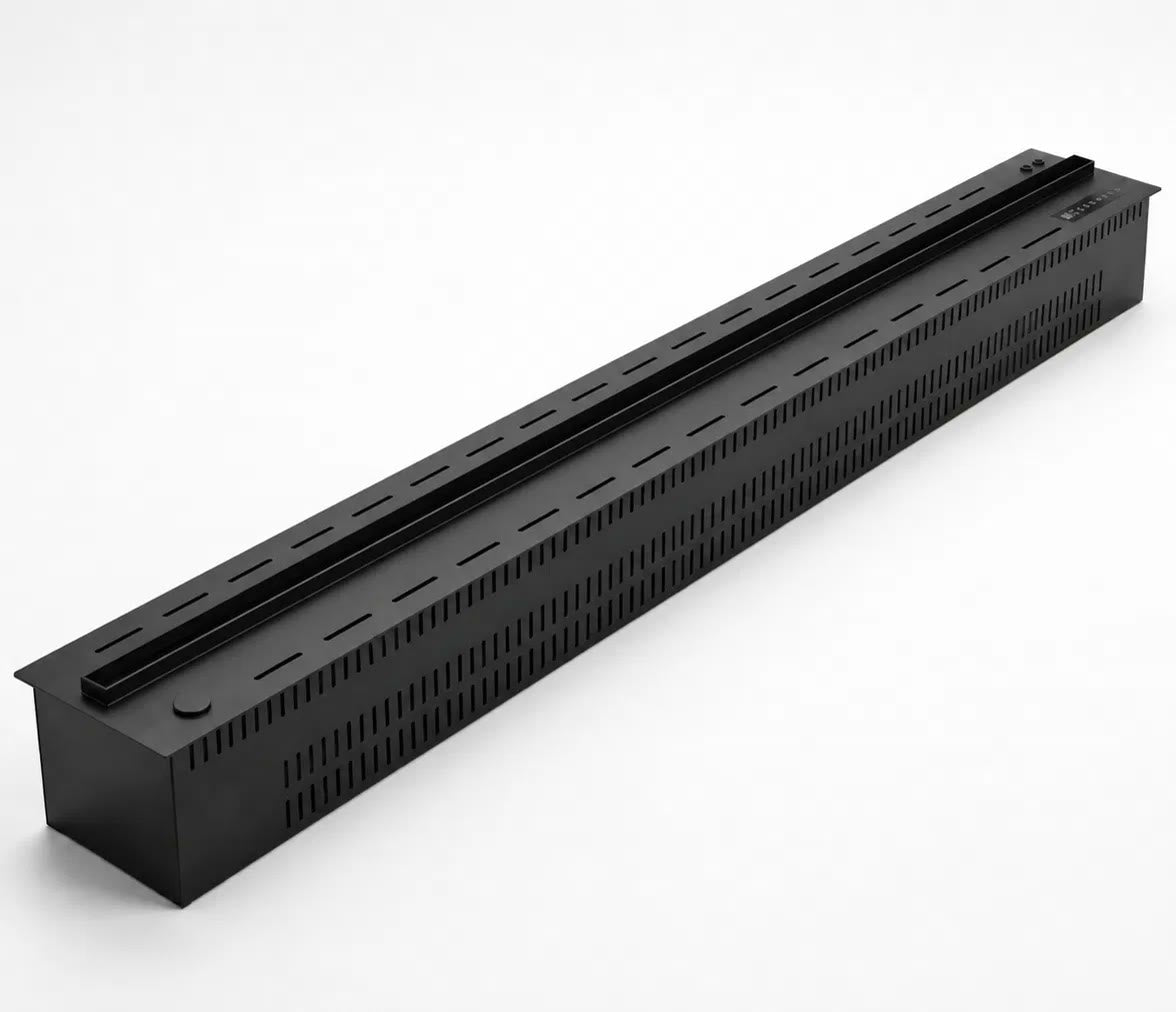 Foyer électrique à vapeur d'eau Flamvia 200 cm, caisson noir encastrable vu de trois quarts sur fond blanc