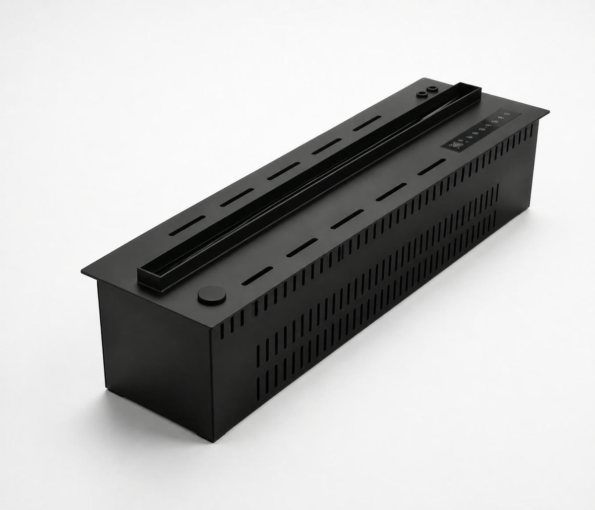 Foyer électrique à vapeur d'eau Flamvia 70 cm, caisson noir encastrable vu de trois quarts sur fond blanc