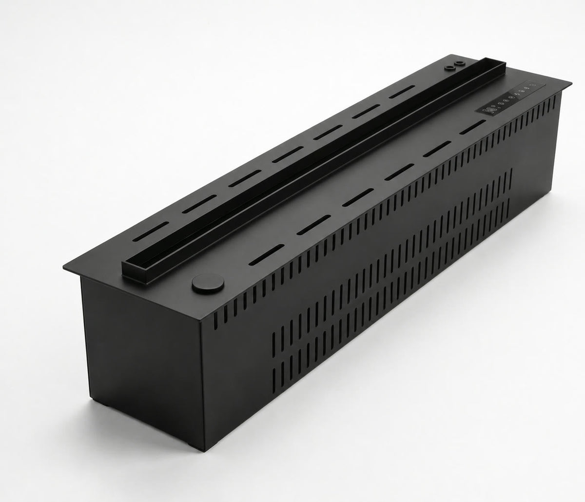 Foyer électrique à vapeur d'eau Flamvia 80 cm, caisson noir encastrable vu de trois quarts sur fond blanc