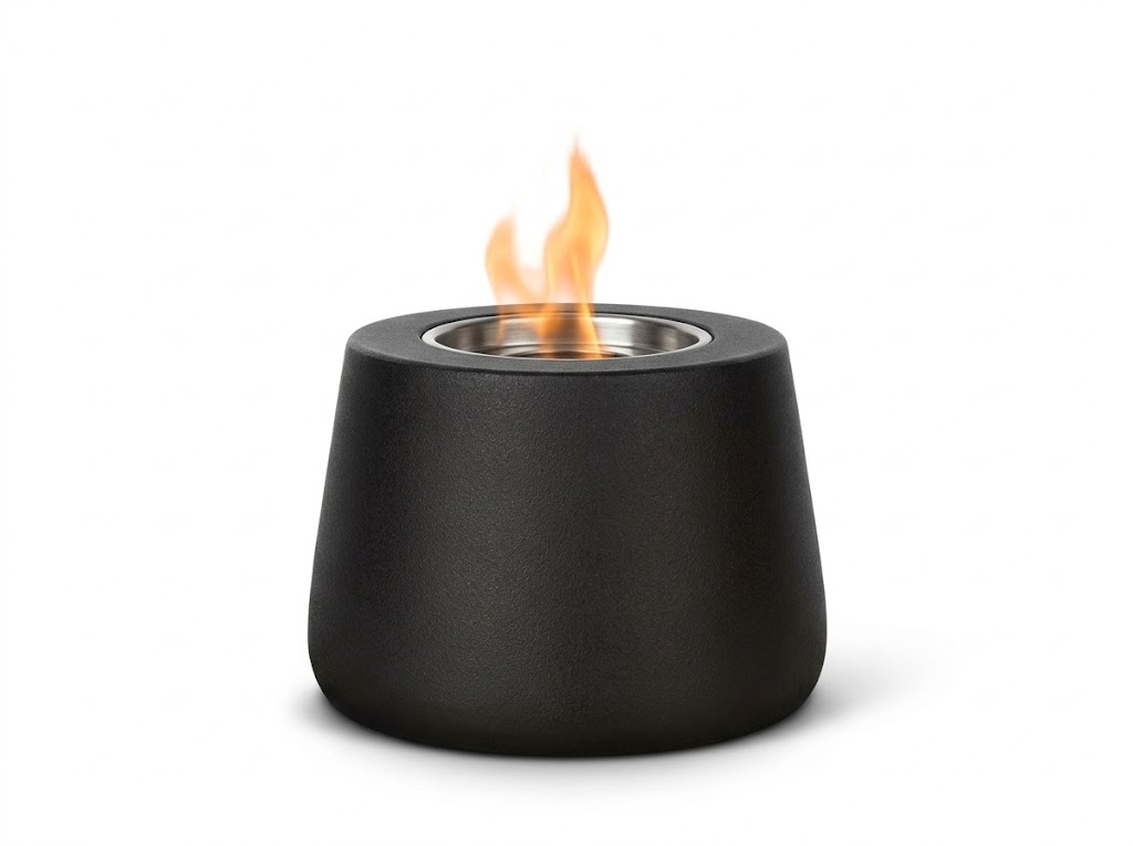 Mini cheminée de table bioéthanol en céramique noire, allumée, sur fond blanc