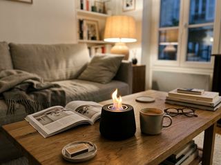 Mini cheminée de table bioéthanol en céramique noire allumée sur une table basse, à côté d'une tasse de la même hauteur
