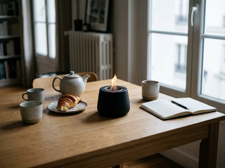 Mini cheminée de table céramique noire allumée sur une table en chêne près d'une fenêtre, en journée
