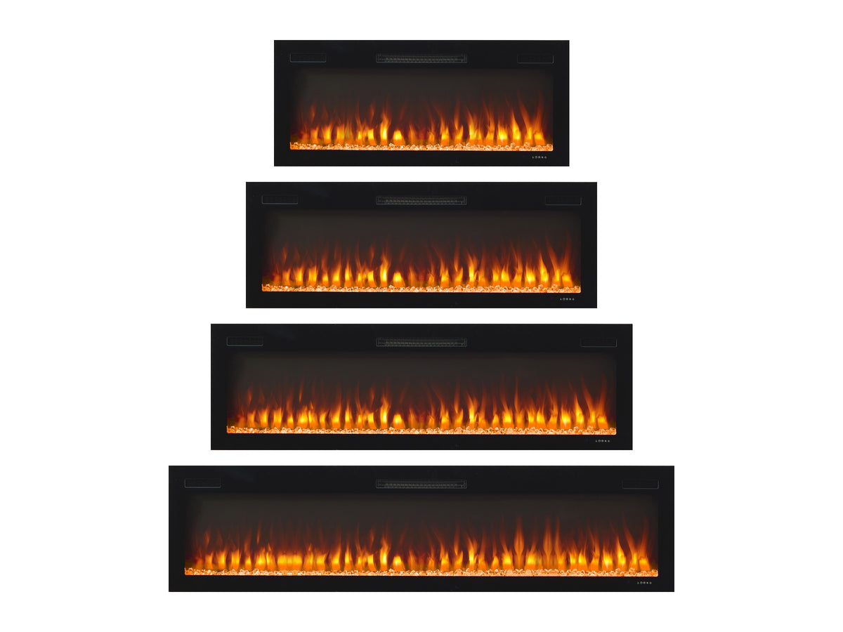 Comparatif des quatre largeurs de la cheminée électrique Slim : 107, 127, 152 et 183 cm