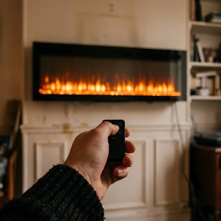 Cheminée électrique murale Slim Full Glass allumée dans un salon, réglée à distance avec sa télécommande