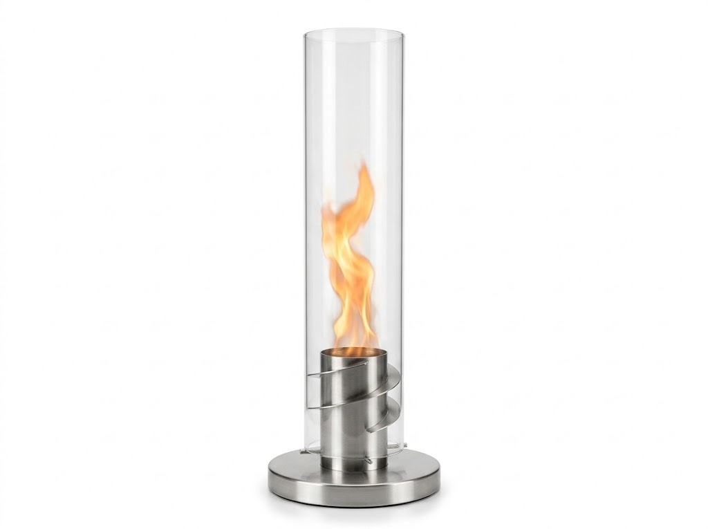 Cheminée de table bioéthanol à flamme tourbillon inox, allumée, sur fond blanc