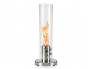 Cheminée de table bioéthanol à flamme tourbillon inox, allumée, sur fond blanc