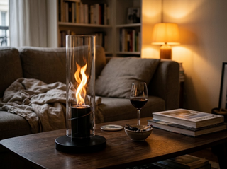 Cheminée de table bioéthanol à flamme tourbillon 40 cm noire, allumée sur une table basse en noyer dans un salon parisien
