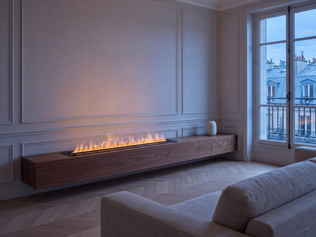 Cheminée électrique à vapeur d'eau Flamvia encastrée dans une console en noyer, salon haussmannien à l'heure bleue