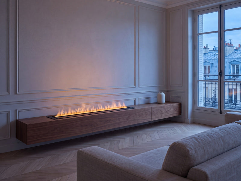 Cheminée électrique à vapeur d'eau Flamvia encastrée dans une console en noyer, salon haussmannien à l'heure bleue
