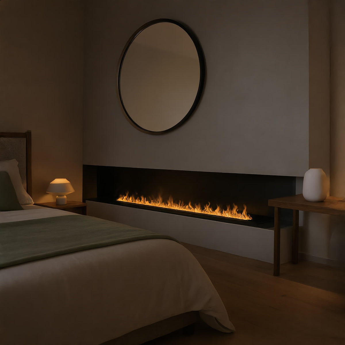 Foyer Flamvia encastré et allumé dans une chambre