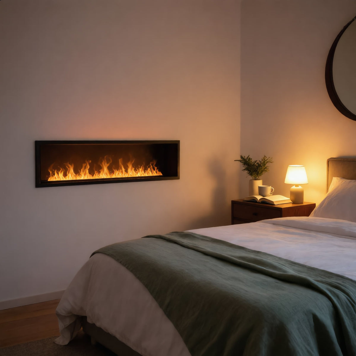Foyer Flamvia 80 cm encastré et allumé dans une chambre